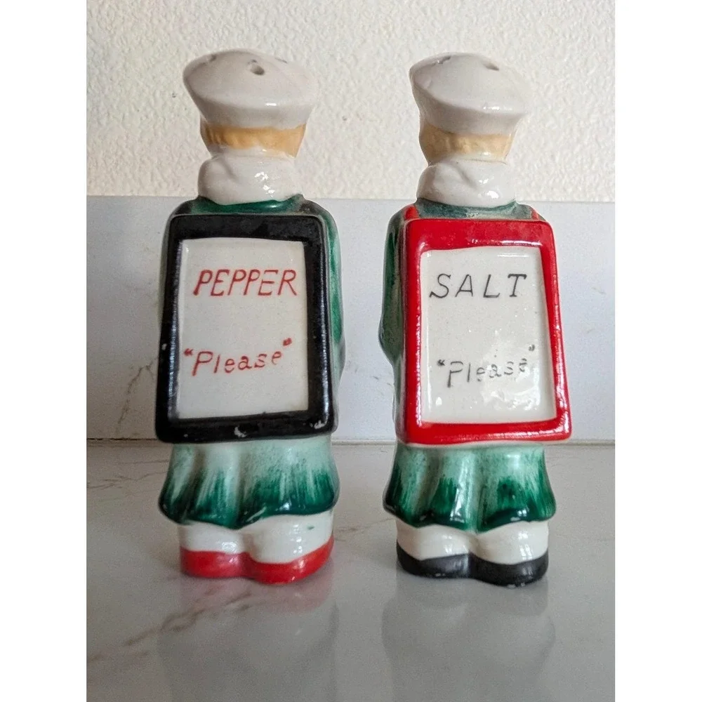 Vintage Sandwich Board Men Salt and Pepper Shakers Ceramic Mid Century Novelty
